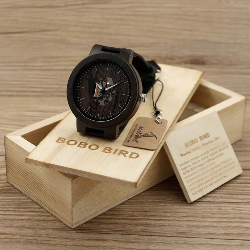Comprar BOBO BIRD relojes de madera para hombres reloj Casual correa de cuero de vaca negra con caja de madera regalo del Día del Padre C H30