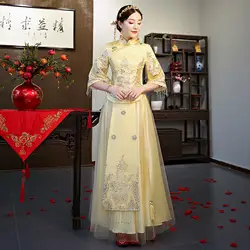 Желтый классический вышивка Oriental женское Ципао костюм Цветочный элегантный невесты брак платье традиционный Тонкий свадебное Qipao