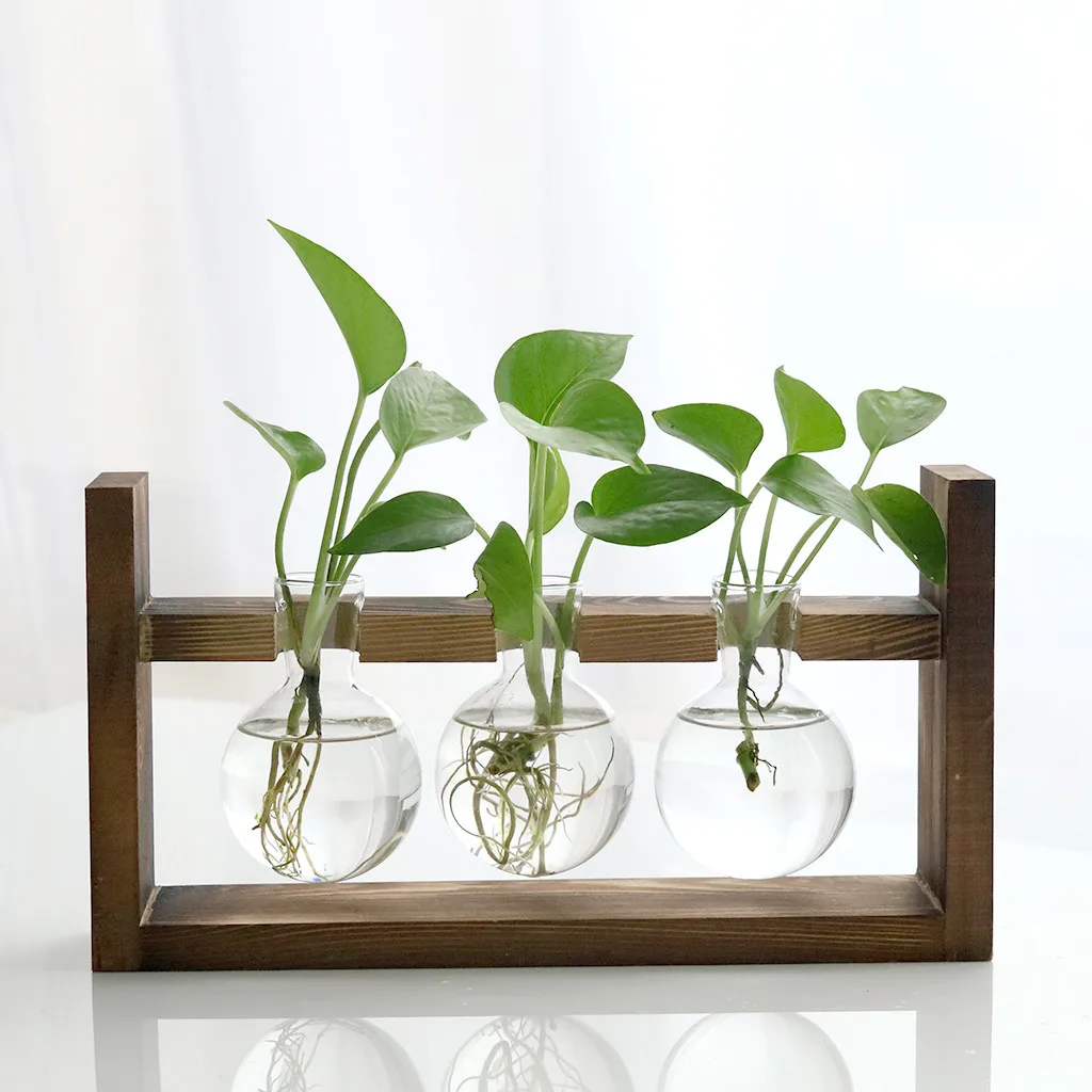 Растительная стеклянная бутылка ваза деревянный дисплей рамка креативный гидропонный завод прозрачная ваза деревянная рамка Кофейня декор комнаты