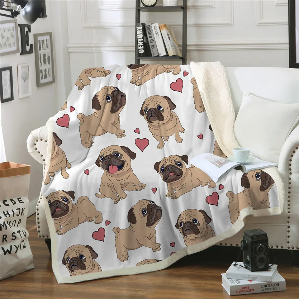 Одеяло на искусственном меху с принтом собаки мопса, диване, покрывало для путешествий, Молодежные постельные принадлежности, флисовое плотное одеяло-покрывало, украшение, гобелен