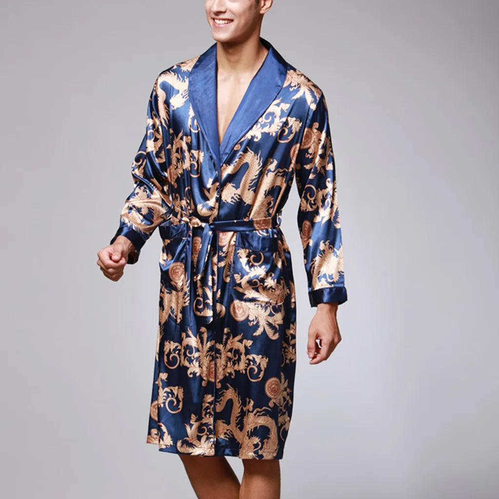 Мужской халат с длинными рукавами, шелковый халат, кимоно, принт, Пижама, халат, ночной халат#2
