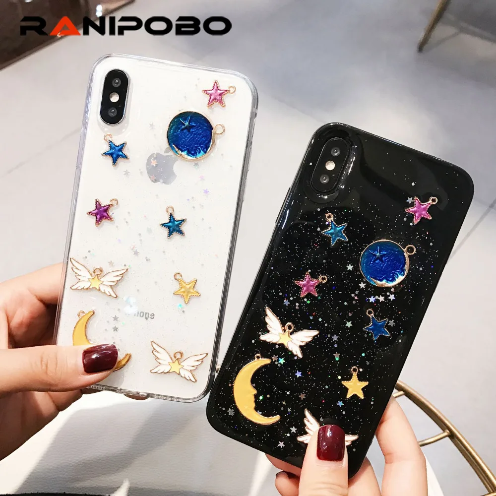 

Shining Glitter Star Moon Space planet phone Cases for iphone X XS XR XS Max 6 6S 7 8 8 Plus Transparent Soft back cover Case