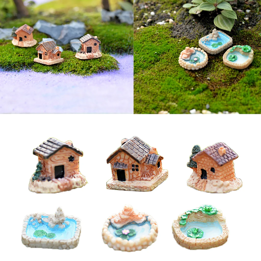 6pcs Handcraft Mini Resin Pool & House Figurine Micro Landscape DIY Fairy Garden Accessories