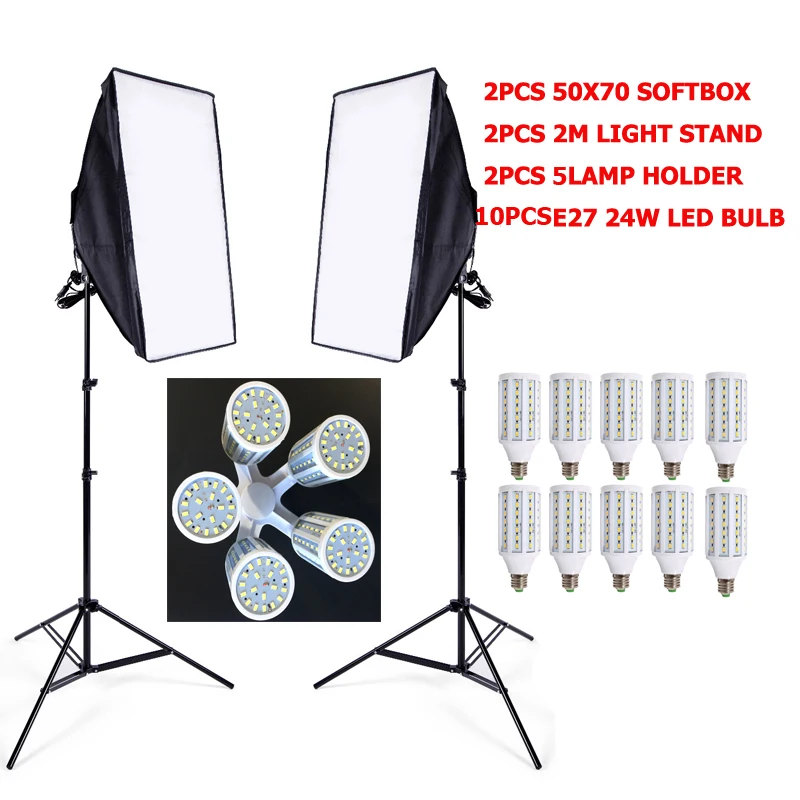 

DHL free shipping 5 in 1 socket Soft Box set lighting softbox kit 10pcs 24W LED 2pcs softbox 2pcs light stand