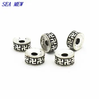 

SEA MEW 50 PCS 6mm 8mm 10mm 12mm 14mm Metal Alloy Antique Silver color Spacer Beads Nepal Flat Buddha Beads For Jewelry Making