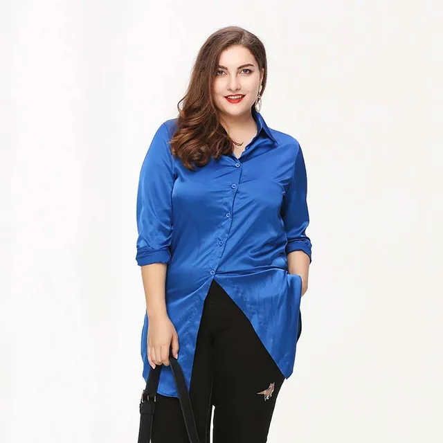Mnealways18 Plus Size Women Silk Satin Slipt Embroidery Blouse Button