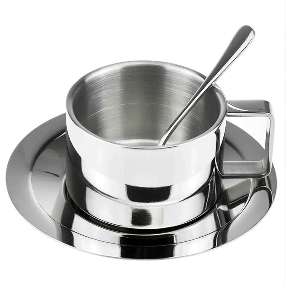 

Stainless Steel Coffee Cup & Saucer Set Stainless Steel Espresso Cups Latte Cappuccino Tea Cup with Saucer and Spoon 200ml