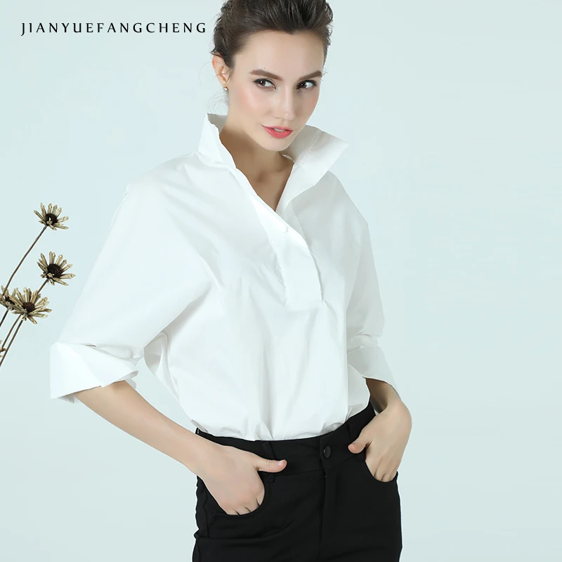 Women Cotton White Blouse POLO Shirt Stand Collar Nine Quarter Sleeve Plus Size Elegant Office Ladies Formal Dress Working Tops 4