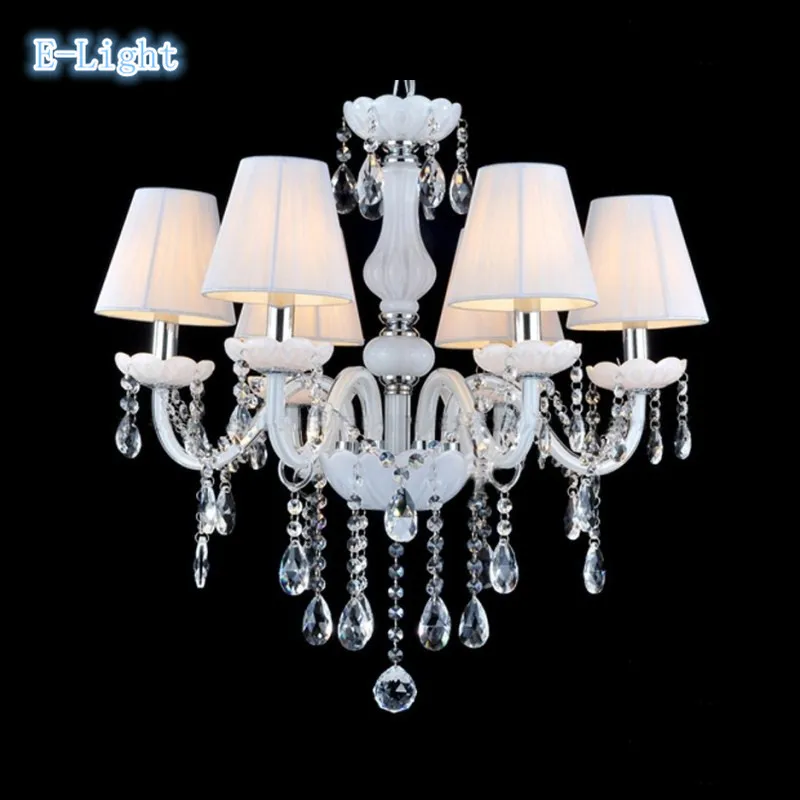 Modern Milk White Crystal Pendant Lamp Candle E14 Bulb Lighting Living Room cristal Chandelier Lights Luxury Fabric FixtureCover Wholesale Lights & Lighting