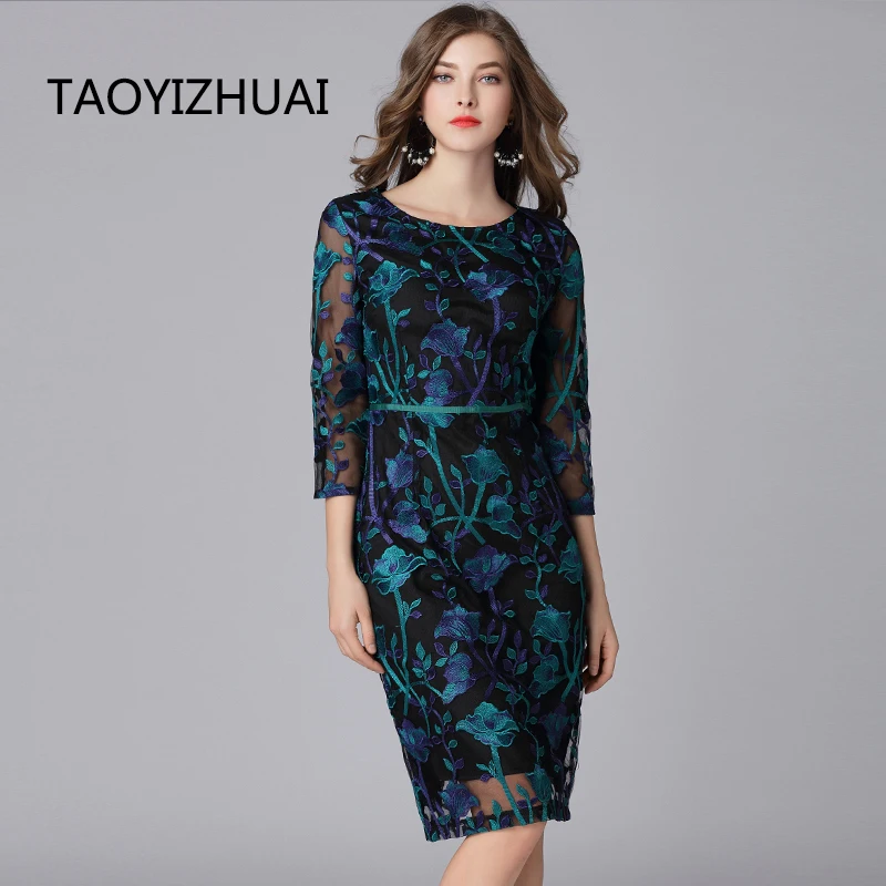 Женское кружевное платье TAOYIZHUAI винтажное до колен с вышивкой и рисунком весна 2019