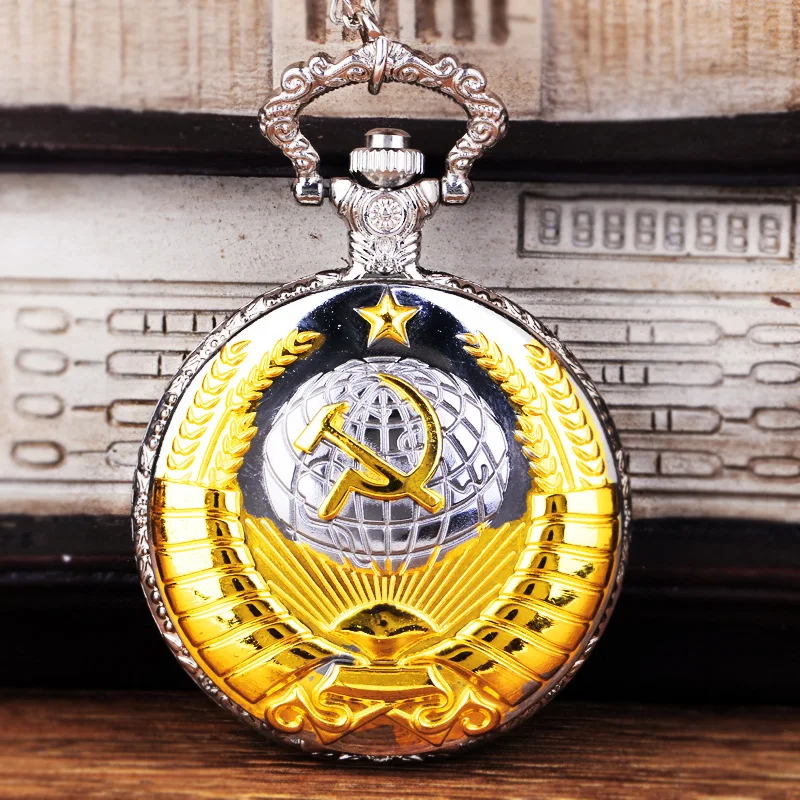 

Vintage USSR Soviet badges sickle hammer pocket watch necklace Gold-silver pendant Russia emblem communism chain watch For men