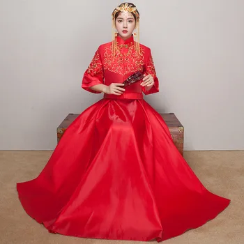 

Vintage 2PCS Women Slim Qipao Elegant Full Length Toast Clothing Overseas Chinese Wedding Dress Chinese Style Cheongsam Vestidos