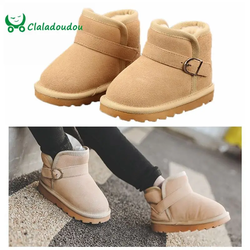 

Claladoudou 13.5-18.5cm brand genuine leather girls boots black pink warm boys girls winter boots children's rubber boots 3-9Y