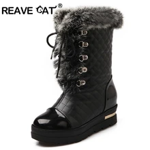 REAVE CAT/большие размеры 34-42; зимние женские сапоги; зимние сапоги; сапоги на платформе из лакированной кожи в клетку; ботинки на меху со шнуровкой