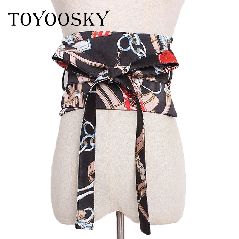 

2019 New Spring Chinese Style Women Belt with Bow Tie and Printing Coloured drawing Seals with Super Wide Cloth Belts TOYOOSKY