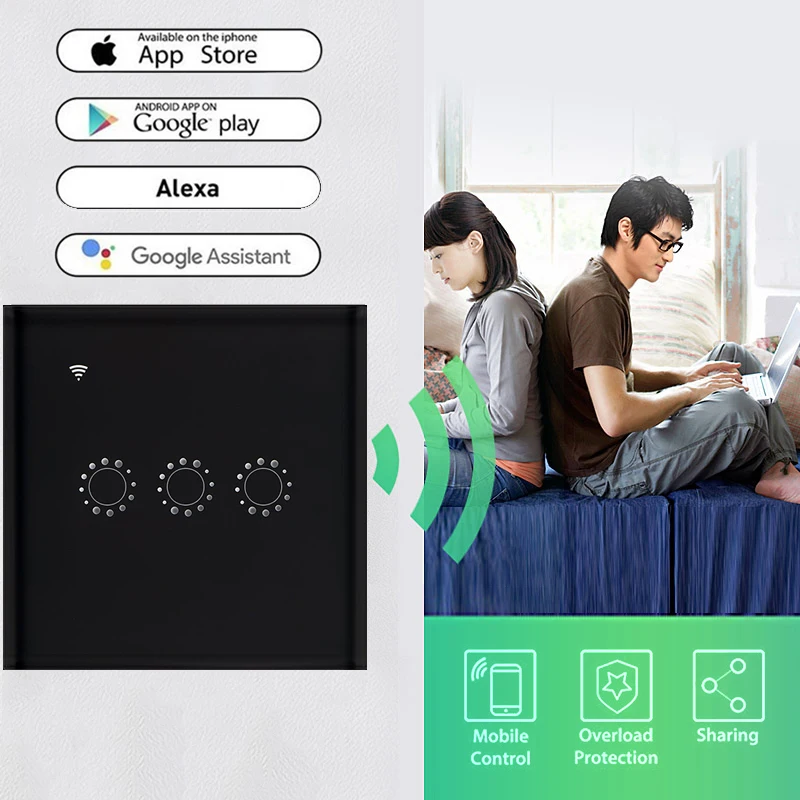 1/2/3 Gang Wi-Fi Touch Switch Wall Light Panel Wireless Intelligence Timing&Remote Control APP Work with Alexa Google Home