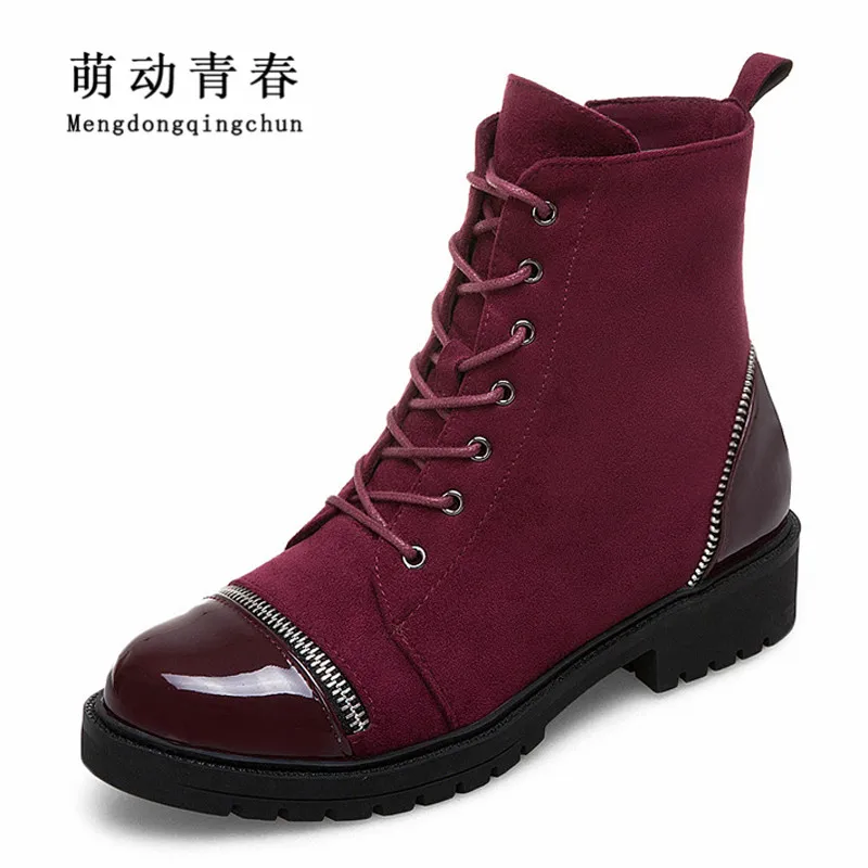 

2018 Fashion Women Martin Boots Cross Tied Zipper Decoration Autumn Winter Flat Heels Boots Lace Up Round Toe Ankle Boots