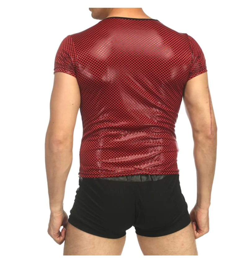 2019 Sexy Men's Patent Leather T-shirt Nightclub Performance Show Glossy Checked Skinny T-Shirt Short Sleeve Pullover Slim Fit (1)
