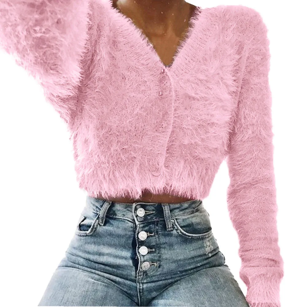 

New clothing Women Sweaters Fashion Kawaii V-neck Long Sleeve Furry Casual Sweater Crop Popular Women Tops свитер женский