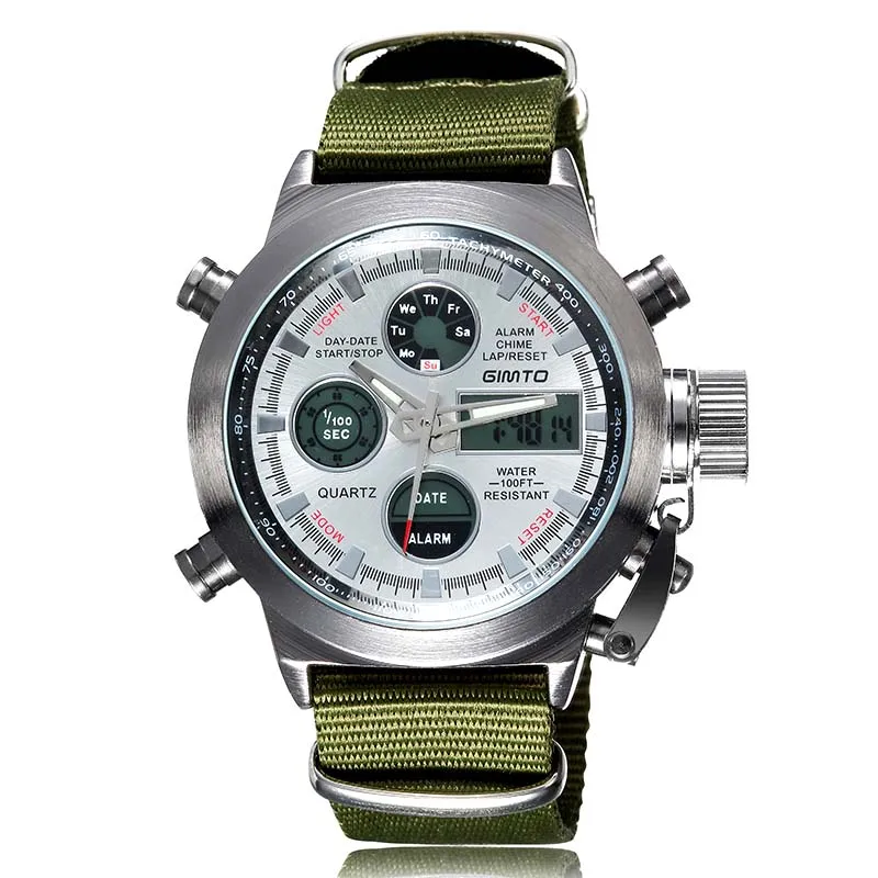 

Fashion Brand Men Sports Watches GIMTO Nylon Strap Male LED Clock Digital Analog Watch Army Military Waterproof Relogio Masculin