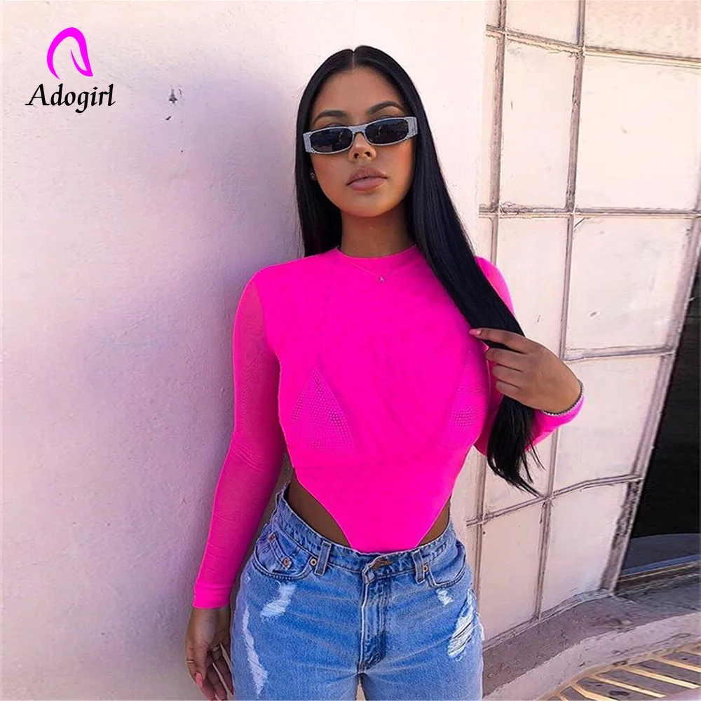 

2019 Autumn Neon Women Bodysuit Mesh Long Sleeve Body Neon Green High Waist Party Bodysuits Bodycon Jumpsuit Transparent Rompers