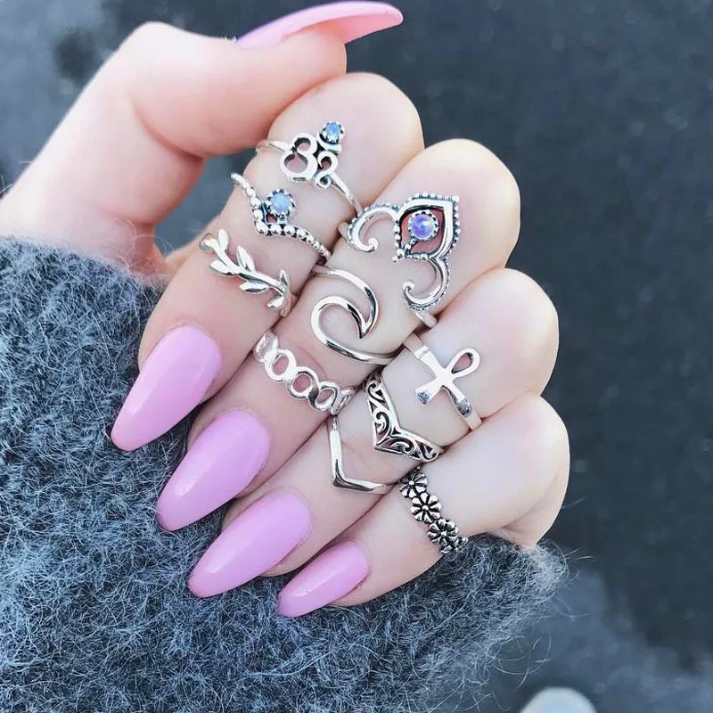 

10pcs/Set Antique Silver Color Cross Crown Crystal Rhinestone Finger Rings For Women Hollow Flower Midi Knuckle Ring Set Jewelry