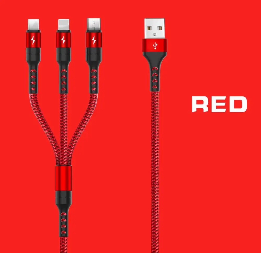 5A USB Cable 3 in 1 Fast Charging Fabric Braide Type C Micro USB Charger Cable Black Gold Wire Cord for Huawei Mate 20 P20 Pro - Тип штекера: Red