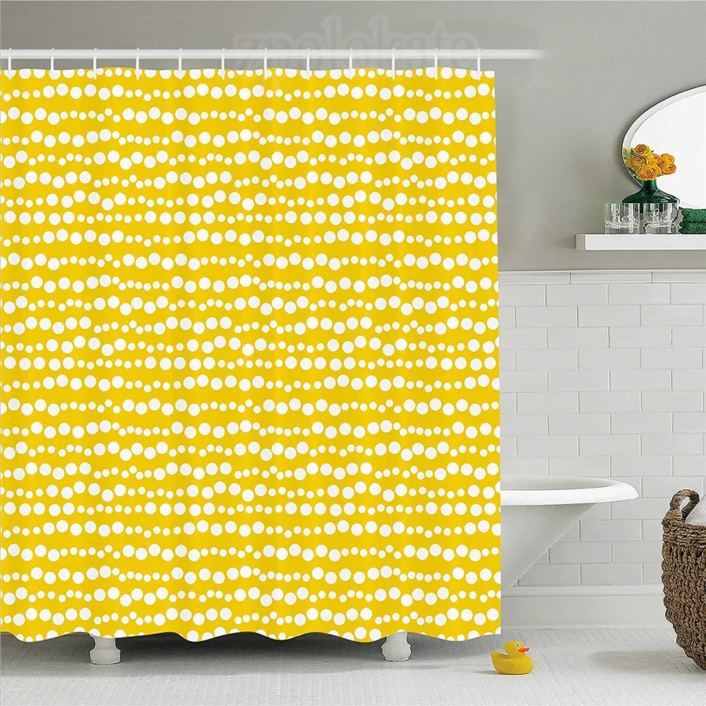 Yellow and White Shower Curtain Modern Design Bubble Inspired Stripe