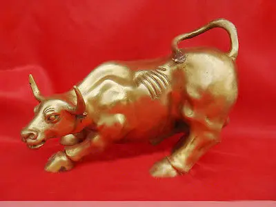 

fast shipping Tribal Nice Large Wall Street Chieese Bronze Fierce Bull OX Statue 11"Long Yellow Wide Garden Decoration Bronze