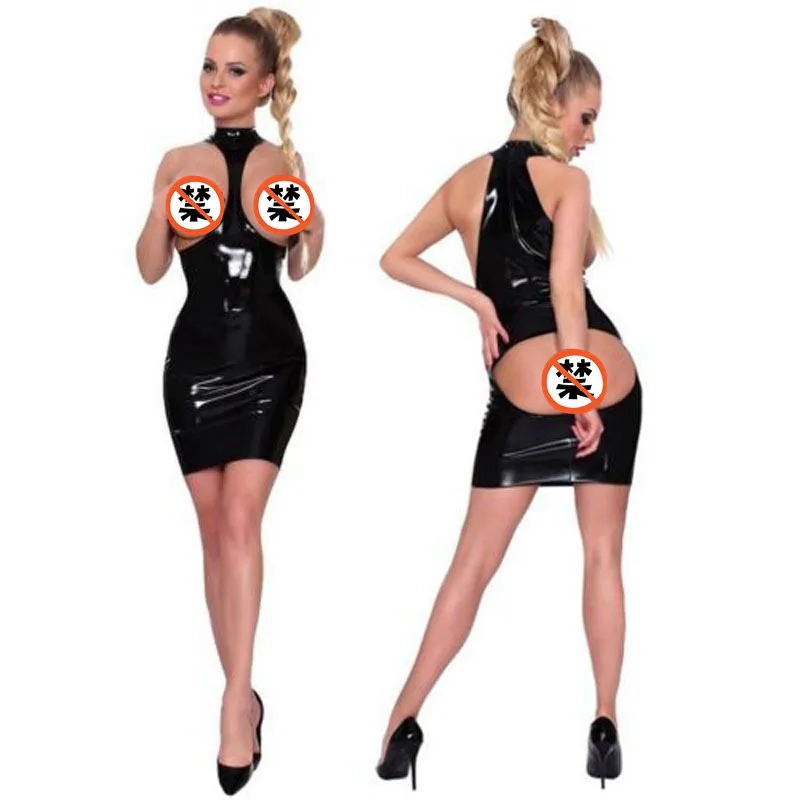 Sexy Hollow Out Dress Black Wet Look Patent Leather Costume Latex Women