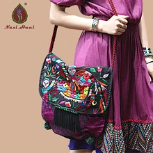 Онлайн Горячая Этническая Вышивка холщовые седельные сумки Экзотические ручной работы с кисточками женские сумки-мессенджеры винтажные дорожные сумки