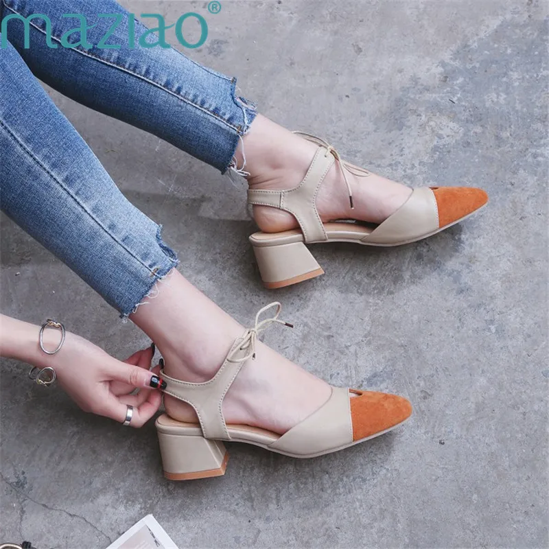 

Female Shoe Suede Hollow Out Lace-up Bow-knot Roman Style Vintage Black Party Shoes Woman High Heel MAZIAO