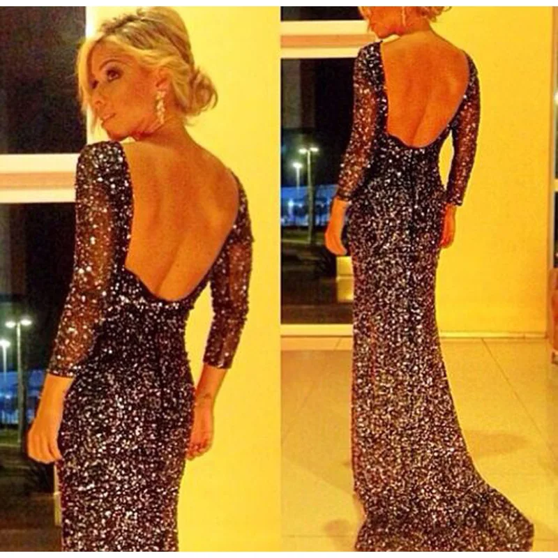 Vestido de festa сексуальное длинное платье черное блестящее с открытой спиной Лето 2017