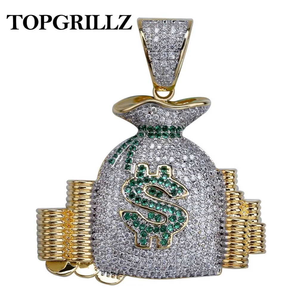 

TOPGRILLZ Money Bag Stack Iced Out Cash Coins Pendant Necklaces Copper Gold Color Cubic Zircon Hip Hop Men Charm Jewelry Gifts
