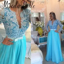 2017 sexy langärmelige perle spitze prom dress sky blue chiffon gala jurken lang fashion formal dress frauen abendkleider Dubai