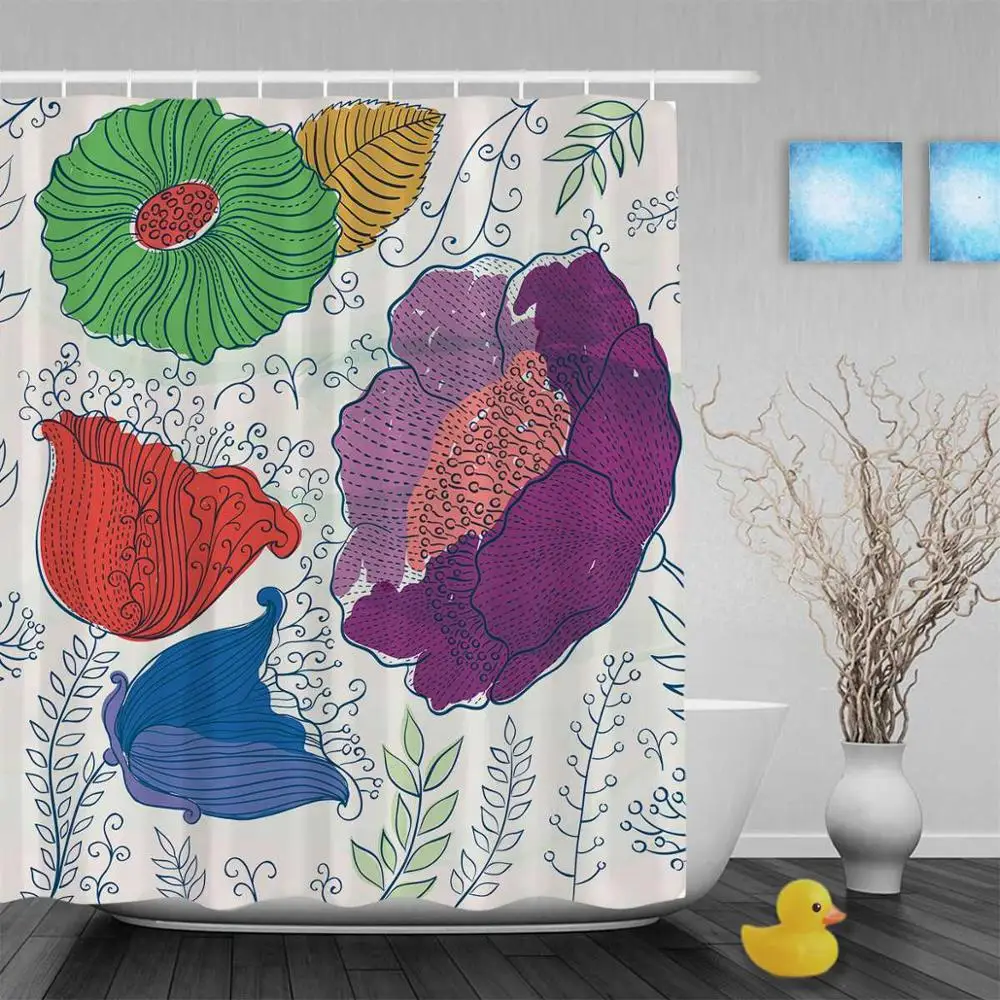Beautiful Blooming Flowers Leaves Bathroom Shower Curtains Bright Color