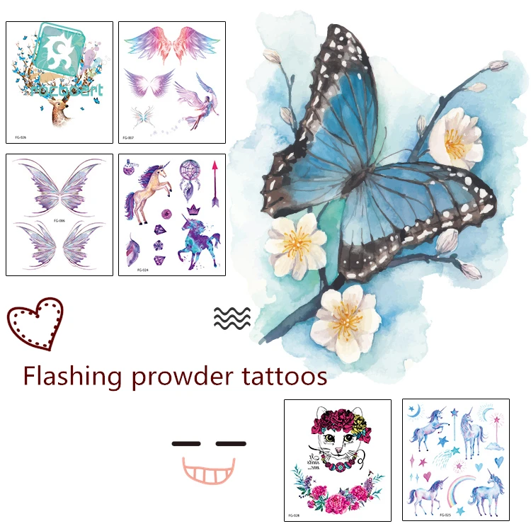 

Rocooart FG Powder Temporary Tattoo Sticker Body Art Butterfly Mermaid Unicorn peacock Water Transfer Fake Tattoo Sticker Taty