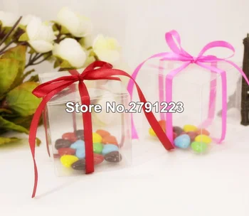 

New Style 100 Pieces/lot PVC Square Gift Boxes Favor Candy Packing Souvenir Box Transparent Event Chocolate Dessert Bags 5x5x5cm