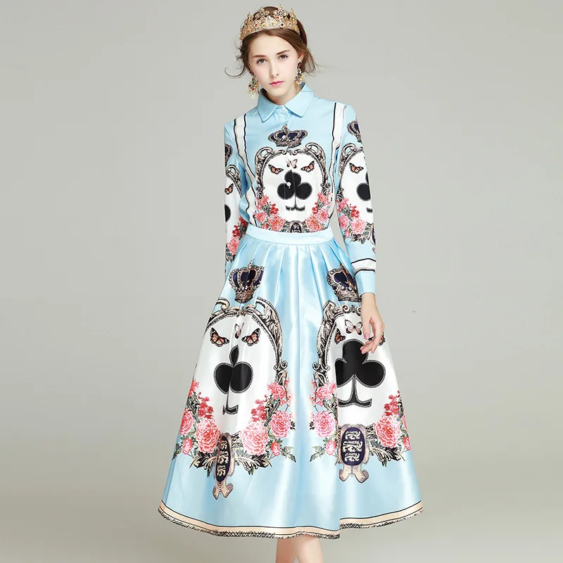 2018 New Spring Fashion Poker Print Women Suits High Quality European Autumn Full Sleeve Tops + Skirts Slim Pretty Sets | Женская одежда
