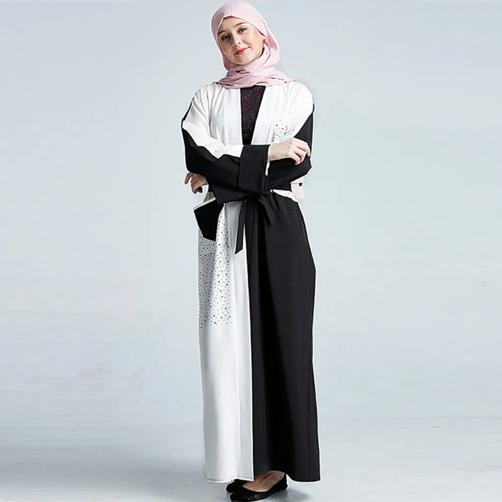 Мода женские мусульманские платья 2019 лоскутное Дубай платье халат лоскутное кардиган мусульманских для женщин открытым спереди Исламская