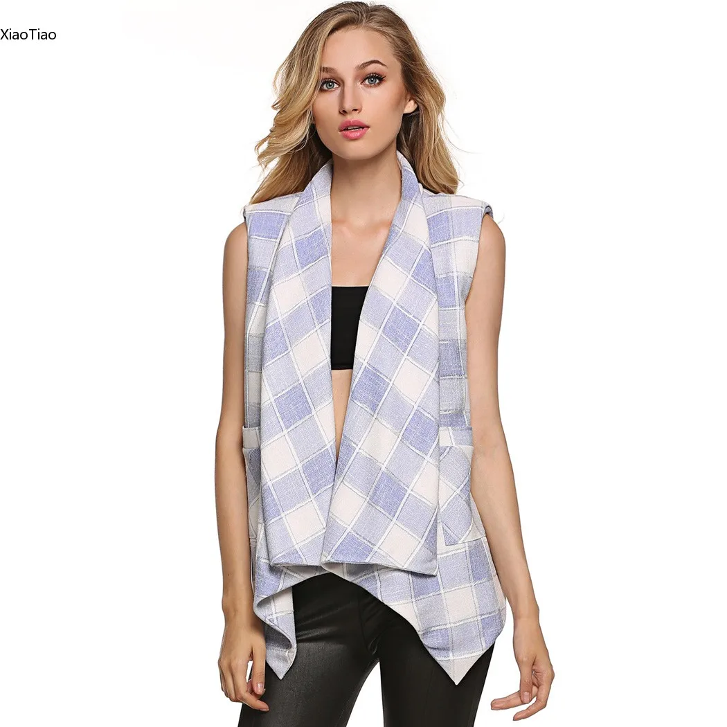 Stylish Women Vest Plaid Lapel Irregular Padded Pockets Open Front