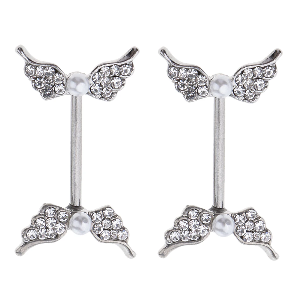 1 Pair Crystal Pearl Beads Angel Wing Shield Barbell Nipple Ring Stainless Steel Body Piercing 14 Gauge
