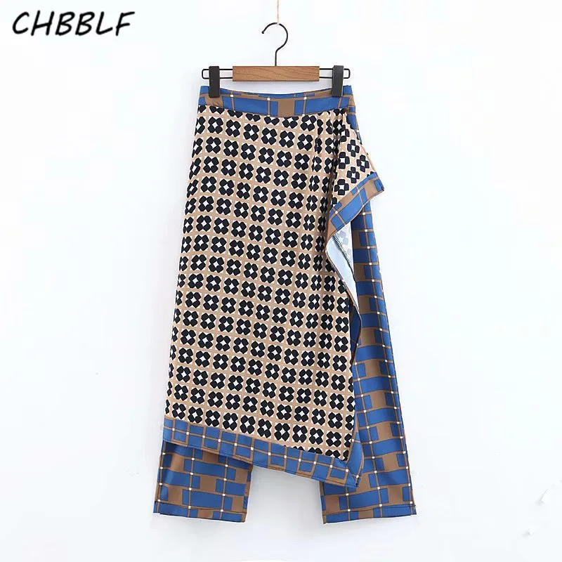 

CHBBLF women patchwork print wrap pants side zipper fly design female casual trousers vintage chic straight pant's XDZ1961