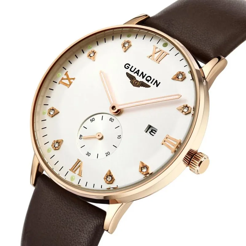 Оригинальные GUANQIN Для мужчин часы кожаный ремешок Водонепроницаемый дизайнерские часы кварцевые часы мужские наручные часы Relogio masculino Relojes - Цвет: gold white