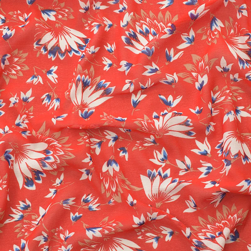 

2019 High-quality nanometer ruffled chiffon fabric spring and summer printed fabric fabric red background small floral soft clot