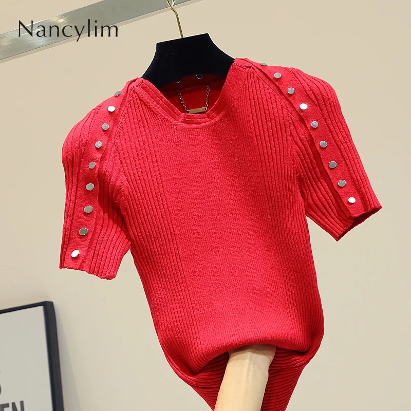 

Summer Thin Jumpe Women Red Short Sleeve Knitted Shirt Girls Ladies Body Shirts Fashion Button T Tops Female Nancylim