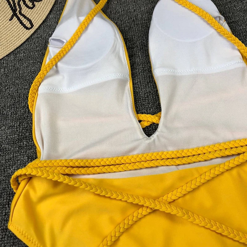 Сексуальный вязаный бандажный купальник, Цельный купальник для женщин, однотонный Желтый купальный костюм с открытой спиной, maillot de bain femme, монокини