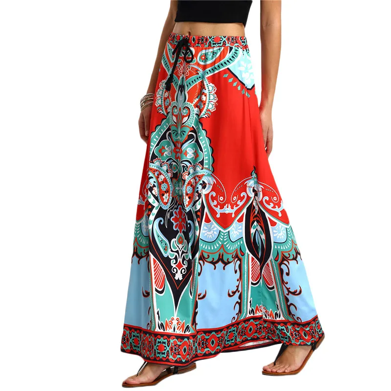 

Cheshanf Long Maxi Skirt For Women New Arrival Ladies Multicolor Vintage Tribal Print Tassel Tied Waist A Line Skirt