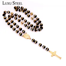 Collier de chaîne de perle d'acier inoxydable de luxe avec 35 cm + 15 cm d'extension vierge marie longue croix de chapelet pendentif colliers bijoux(China)