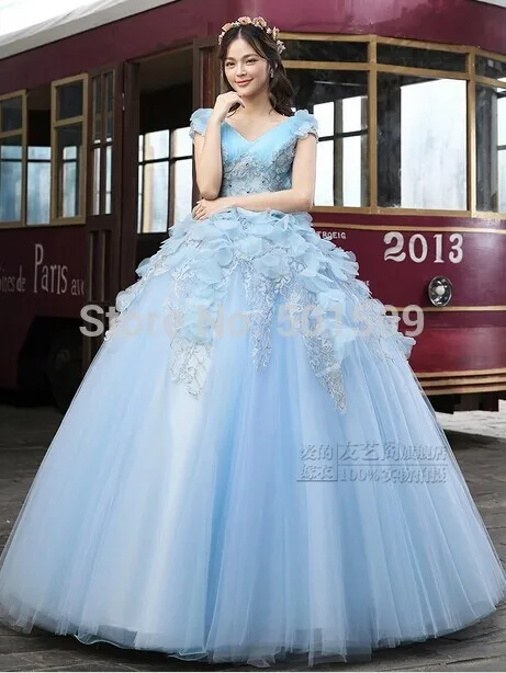 

H 100%real Light Blue Flowrers Gown Medieval Renaissance Gown Sissi Princess Dress Victorian Gothi/marie Antoinette/ Belle Ball